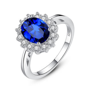 Princess Diana William Kate Gemstone Rings Sapphire Blue Wedding Engagement 925 Sterling Silver Finger Ring for Women